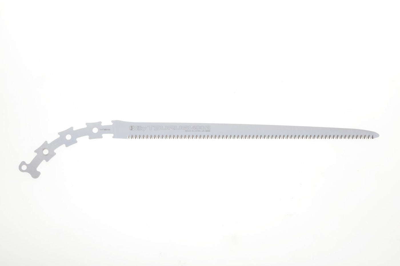 The SHT TSURUGI 400 MEDIUM TEETH 8.5TPI is a long, serrated pruning saw blade with a curved attachment end, shown on a white background.