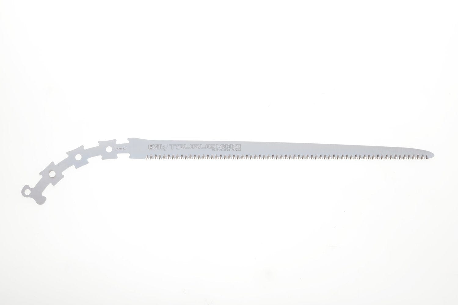 The SHT TSURUGI 400 MEDIUM TEETH 8.5TPI is a long, serrated pruning saw blade with a curved attachment end, shown on a white background.