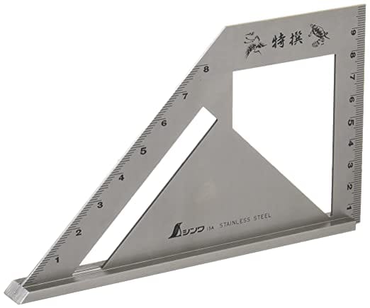 The Miter Rule by SHWA is a stainless steel woodworking square with engraved measurements, perfect for timber framing and marking. It includes decorative symbols to enhance its utility and style.