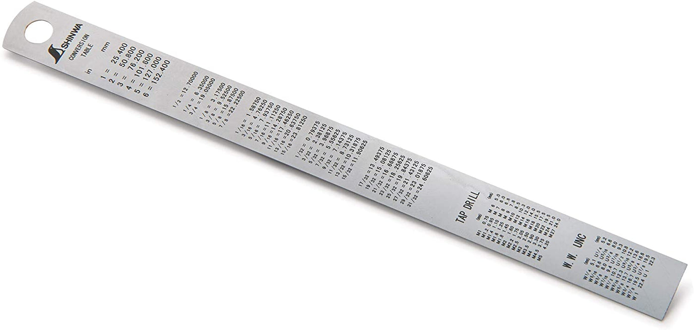 The SHWA 6-in Stainless Steel Ruler Metric and Inch features drill size conversion charts, including tap drill sizes, number and letter drill sizes, and decimal equivalents. Its non-glare coating enhances visibility under various lighting conditions, while its flexible design ensures lasting durability.
