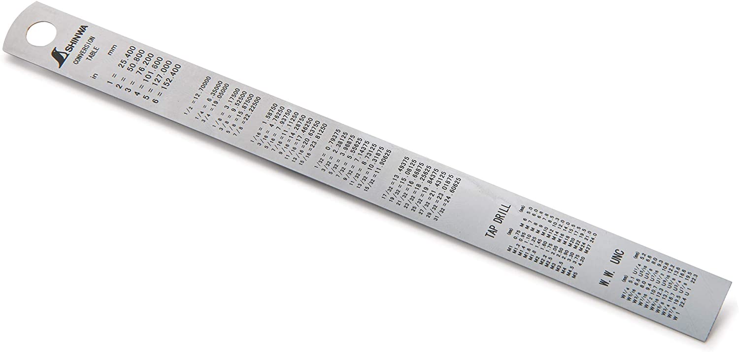 The SHWA 6-in Stainless Steel Ruler Metric and Inch features drill size conversion charts, including tap drill sizes, number and letter drill sizes, and decimal equivalents. Its non-glare coating enhances visibility under various lighting conditions, while its flexible design ensures lasting durability.