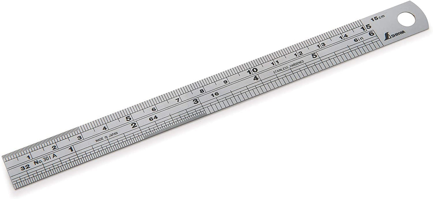 The SHWA 6-in Stainless Steel Ruler features metric and imperial units, a non-glare coating, and a hole for hanging.
