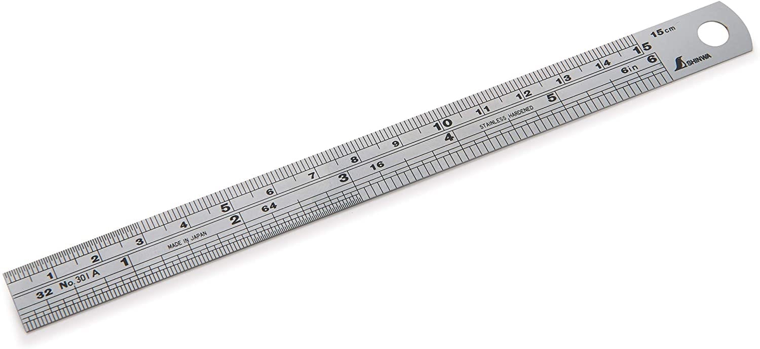 The SHWA 6-in Stainless Steel Ruler features metric and imperial units, a non-glare coating, and a hole for hanging.