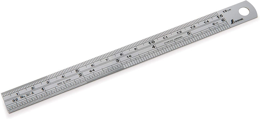 The SHWA 6-in Stainless Steel Ruler features metric and imperial units, a non-glare coating, and a hole for hanging.
