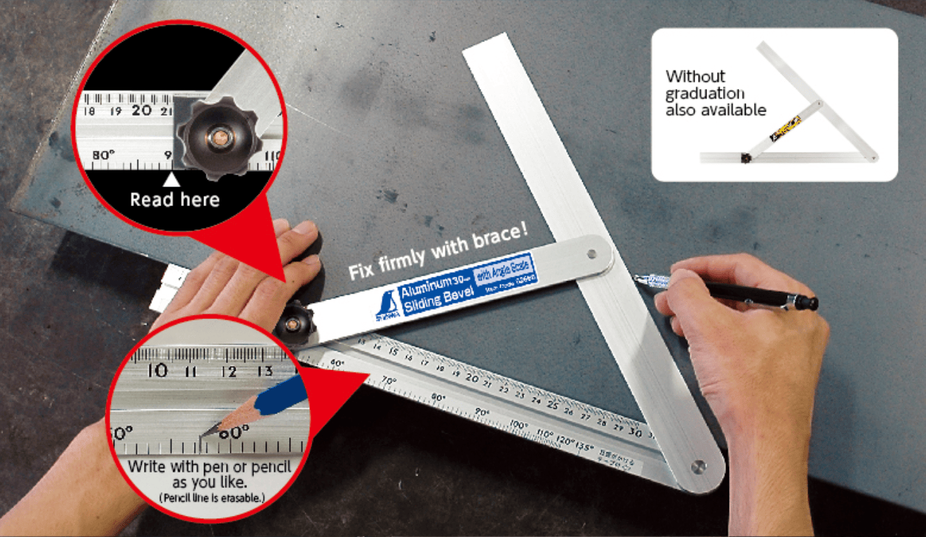 A person expertly uses the durable Shinwa Aluminum Sliding Bevel by SHWA to mark a metal surface, with close-ups highlighting its features like the angle scale, fixable brace, and measurement scale.