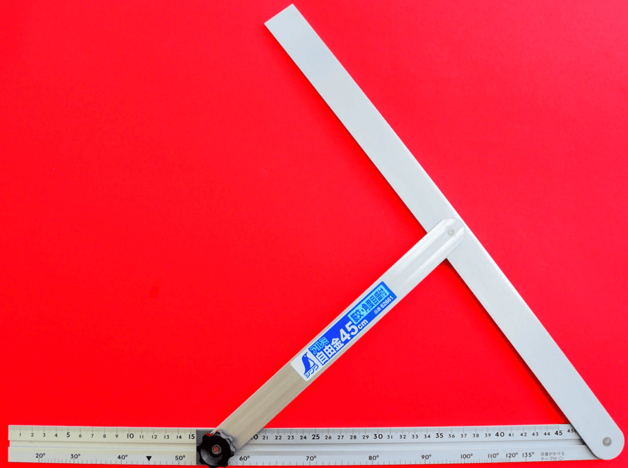 The Shinwa Aluminum Sliding Bevel with Angle Scale by SHWA is displayed on a red background, featuring accurate measurements and a built-in protractor, perfect for checking angles.