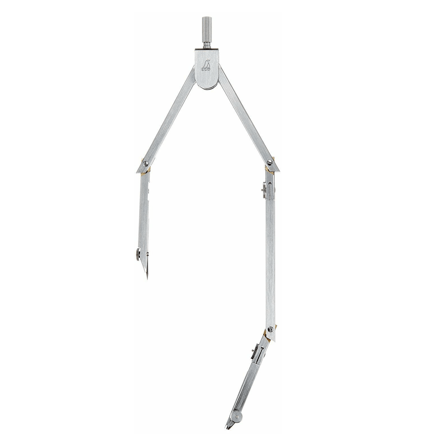 The SHWA Shinwa Articulated Compass features adjustable arms, a top screw for precise measurement, and sleek brass chrome plating.