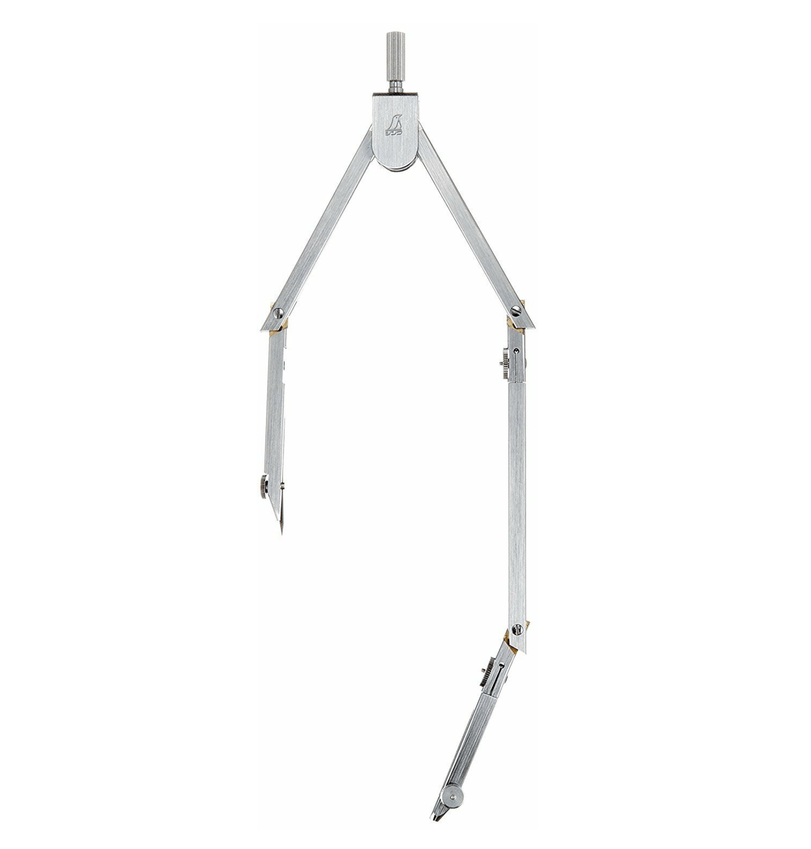 The SHWA Shinwa Articulated Compass features adjustable arms, a top screw for precise measurement, and sleek brass chrome plating.