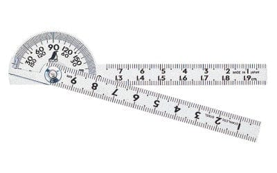 The SHWA Shinwa Mini Protractor is a stainless steel tool with two rulers—one horizontal, one angled—with clear degree and centimeter markings, making it ideal for precise bevels and measurements.