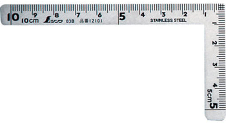 The SHWA Shinwa Mini Square 10x5 cm is a metallic right angle ruler made of stainless steel, featuring precise metric measurements marked in centimeters and millimeters.