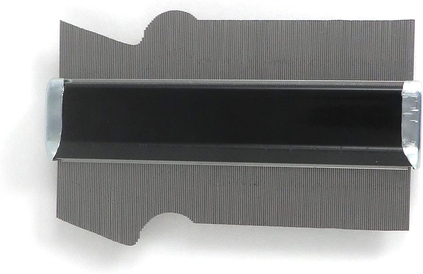 The SHWA Shinwa Profile Gauge is a gray contour gauge duplicator with fine teeth, durable stainless steel pins, and features a black ruler in the center for copying shapes and profiles.