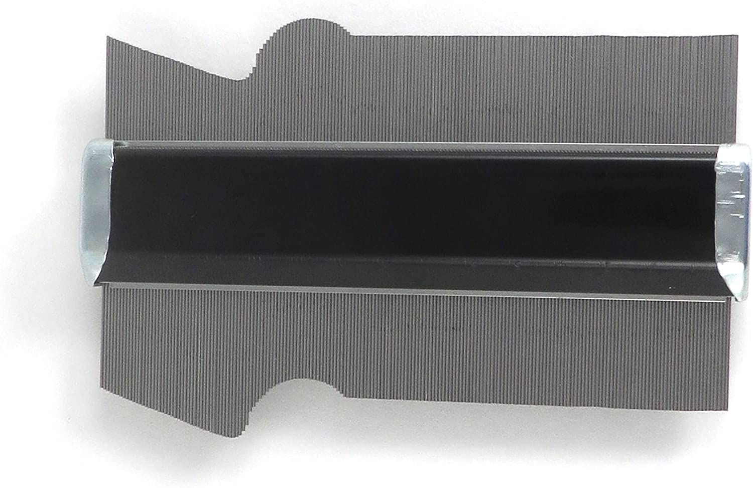 The SHWA Shinwa Profile Gauge is a gray contour gauge duplicator with fine teeth, durable stainless steel pins, and features a black ruler in the center for copying shapes and profiles.