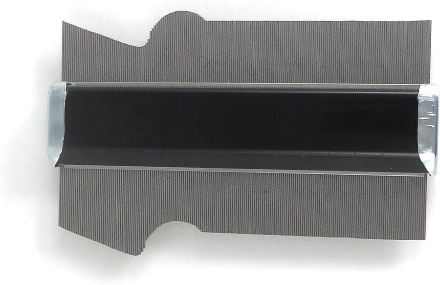 The SHWA Shinwa Profile Gauge is a gray contour gauge duplicator with fine teeth, durable stainless steel pins, and features a black ruler in the center for copying shapes and profiles.