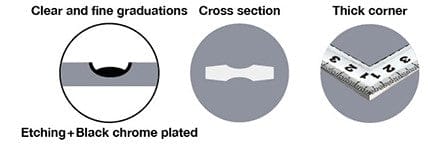 Diagram of SHWA's Traditional Japanese Flexible Carpenter Square: etched metric and inch graduations, black chrome plating, curved middle cross-section, flexible front for versatility, and thick corners for precise measurements.