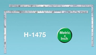 Two L-shaped SHWA Traditional Japanese Flexible Carpenter Squares with metric and inch measurements on a blue background. Featuring etched graduations, "H-1475" and "Metric x Inch" appear on a green circle.