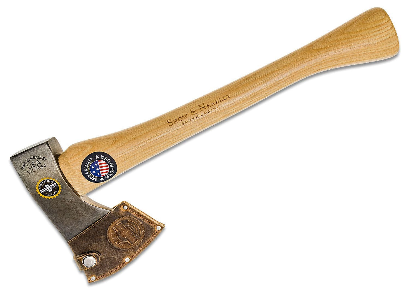 The Snow & Nealley Pen Bay Kindling Axe by SNO features a wooden handle, a carbon steel axe head with branding labels, including a "Snow & Nealley" label and a USA-made stamp. The axe also comes with a leather cover that partially protects the blade.