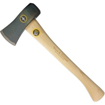 The SNO Snow & Nealley 3-lb Mini Maul features a wide, high-carbon steel blade and a long, light wooden handle with text and two stickers, including “100% USA.” Crafted by Maine craftsmen for lasting quality.