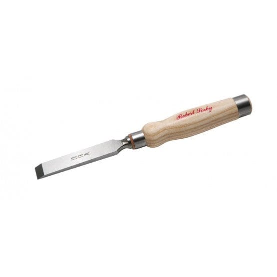 The SOR Robert Sorby Registered Firmer Chisel features a metal blade, wooden handle, and Robert Sorby in red—perfect for framing or waste wood removal.