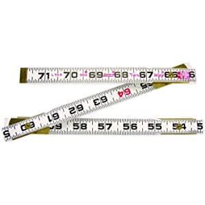 Two yellow retractable measuring tapes displaying measurements in inches, with the numbers printed in black and red. The tapes are extended and laid parallel to each other, reminiscent of a precise STB ENGINEERS FOLDING RULER STABILA used by engineers.