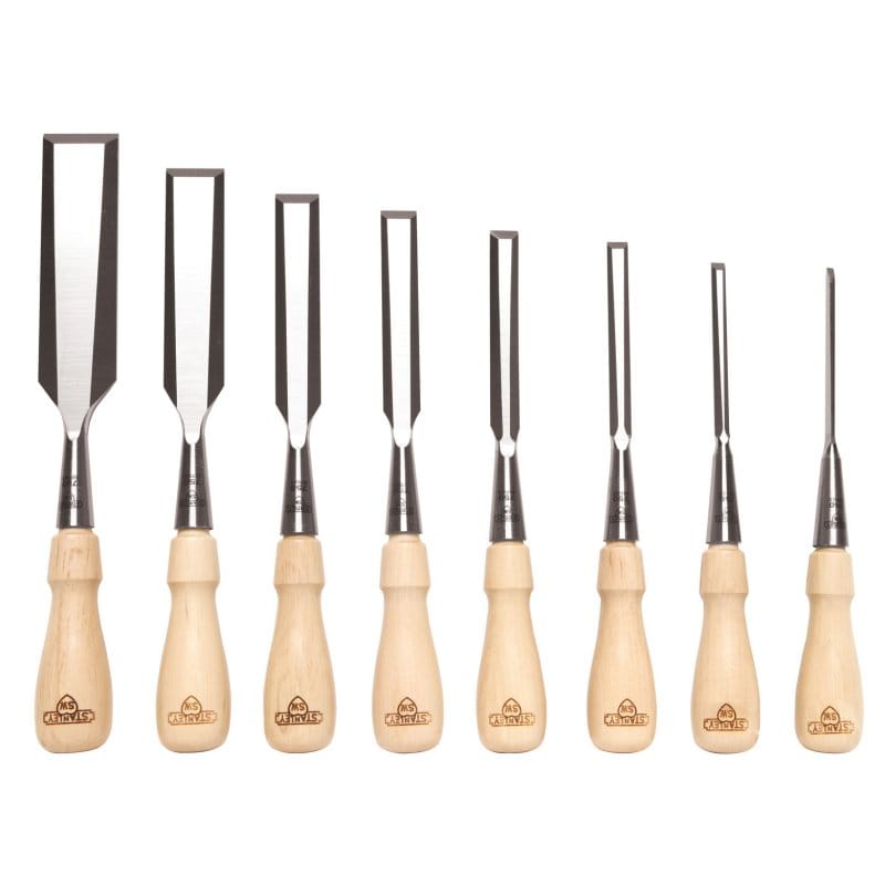 A set of eight STN Stanley Sweetheart Socket Chisels with wooden handles, crafted in Sheffield, England, features various blade widths made from high-carbon chrome steel for precision and durability.