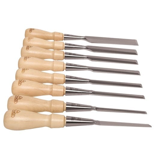 Set of eight Stanley Sweetheart Socket Chisels by STN, featuring wooden handles and high-carbon chrome steel blades, organized in a row from smallest to largest blade size.