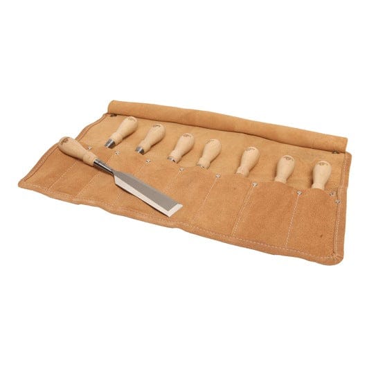 The set of eight Stanley Sweetheart Socket Chisels by STN includes wooden handles and high-carbon chrome steel blades, all organized in a tan fabric roll.