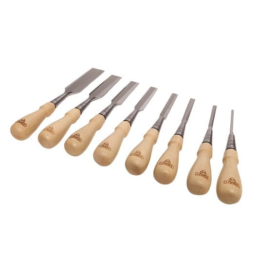 Set of eight STN Stanley Sweetheart Socket Chisels with wooden handles, crafted from high-carbon chrome steel, and varying in blade width.
