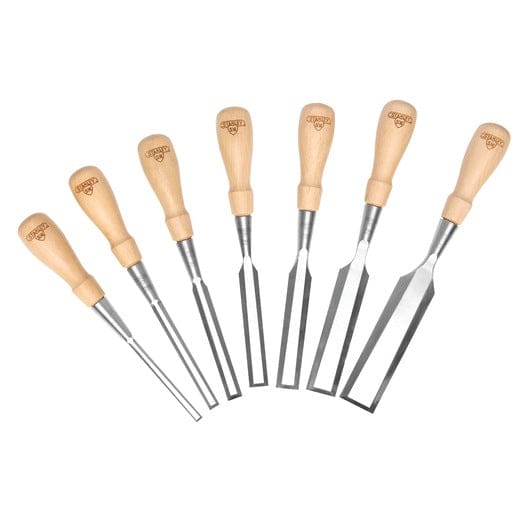 A set of seven Stanley Sweetheart Socket Chisels from STN, featuring wooden handles and crafted from high-carbon chrome steel, arranged in a semicircle.
