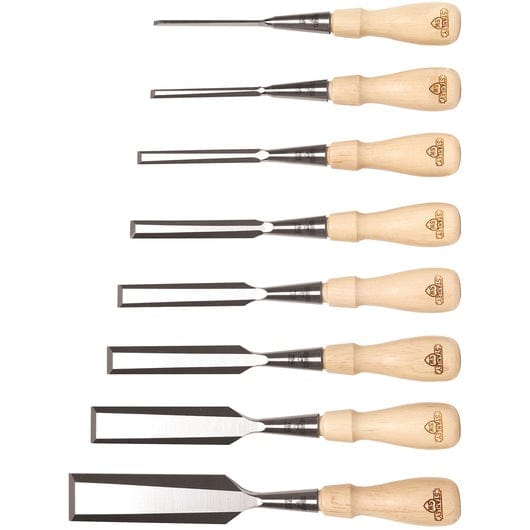A set of nine Stanley Sweetheart Socket Chisels by STN, featuring wooden handles and made from high-carbon chrome steel, arranged in a vertical line.