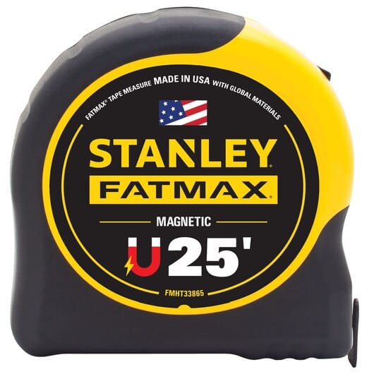 The STN FatMax tape measure is a standout with its 25-foot length, robust rubber outer casing, and eye-catching black and yellow design. It also features an American flag alongside text that proudly indicates it's made in the USA using global materials.