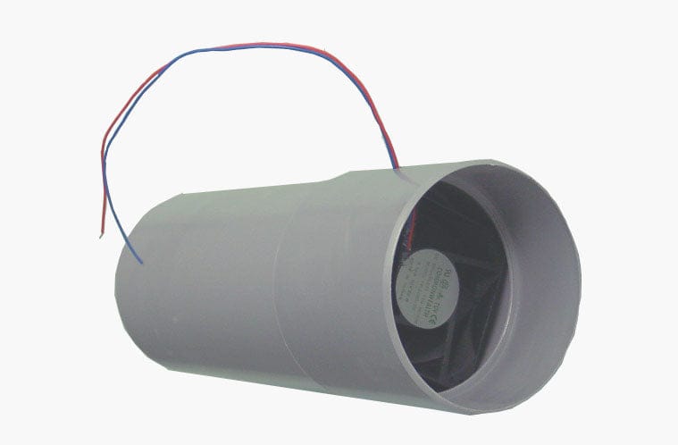 The SUN 12 Volt Fan for Sun Mar Composting Toilet is a cylindrical grey PVC pipe with two protruding wires on one end and an integrated fan, capable of moving up to 7 cfm, making it ideal for use in non-electric toilets.