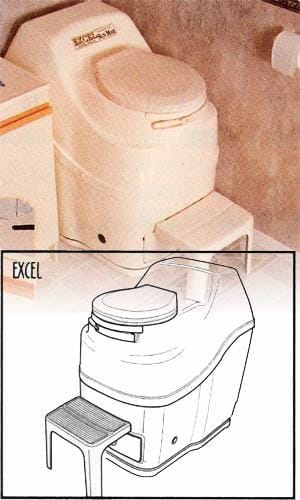 A photo and a diagram of the Sun-Mar Excel Composting Toilet, a high-capacity white composting toilet with an electric unit, featuring a step stool in front. The diagram is labeled "Excel.