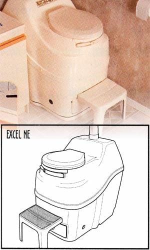 The SUN Excel NE Composting Toilet by Sunmar is shown in a photo and line drawing, boasting an odorless operation along with a handy footstool for comfort and convenience.
