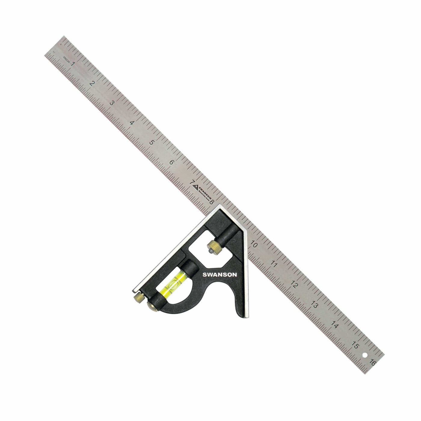 Introducing the Swanson Combination Square by SWA—a metal tool featuring a precision-etched ruler and a built-in level, making it an essential addition to any Timber Framing Tool Kit. The base proudly displays the "SWANSON" mark and holds the ruler at a precise 90-degree angle for accurate measurements.
