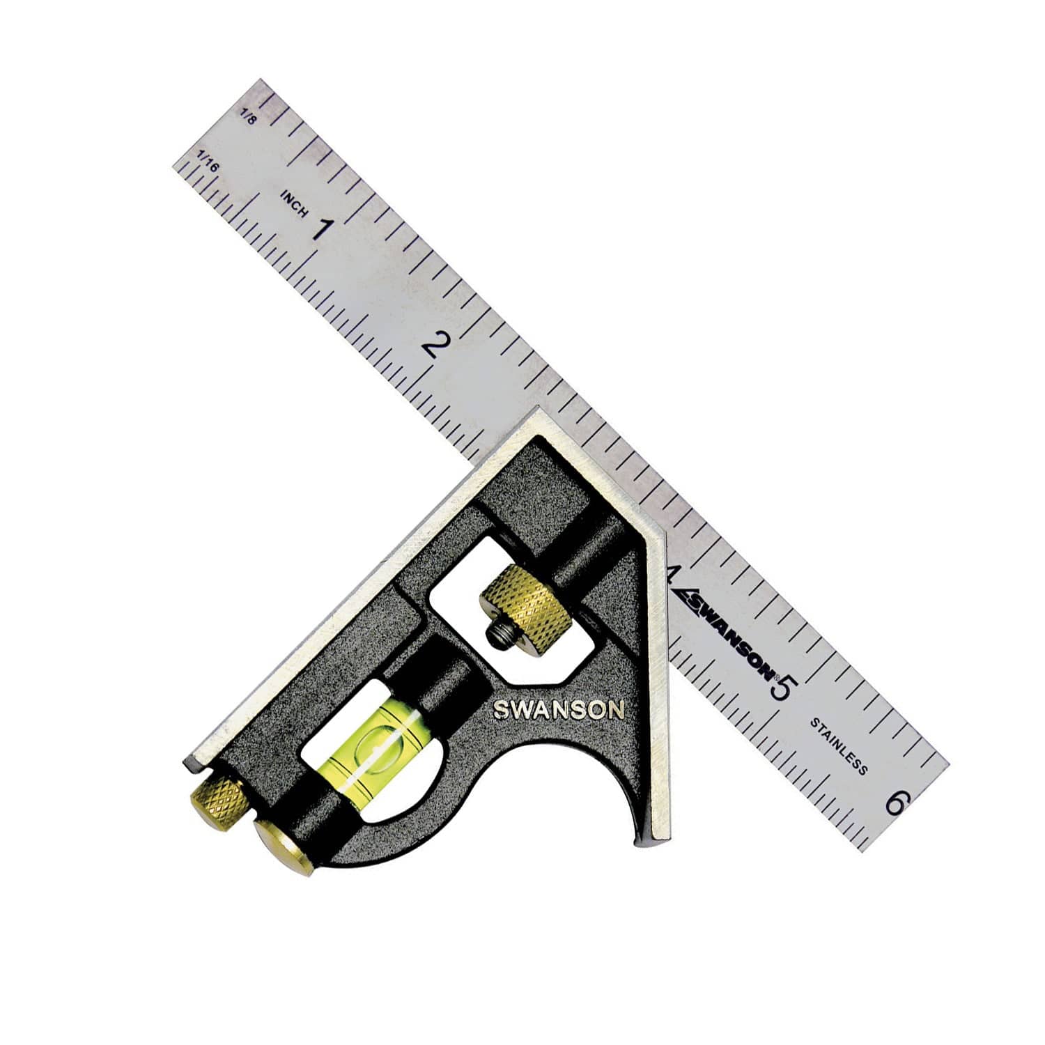 The SWA Swanson Combination Square features a stainless steel ruler that measures up to 6 inches and includes a built-in level. This multi-functional measuring instrument, labeled with the brand name "Swanson," has precision etchings for accurate measurements, making it an essential part of any Timber Framing Tool Kit.