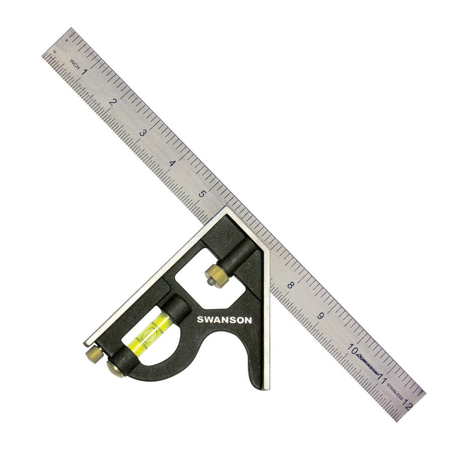 The SWA Swanson Combination Square features a 12-inch steel ruler with precision etchings, a spirit level, and an adjustable angle head complete with a marking scribe.