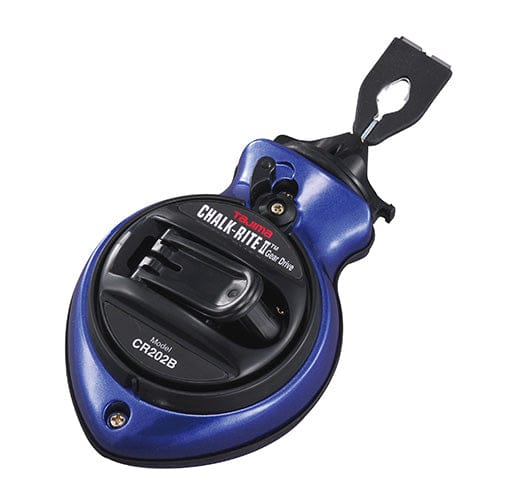 A blue and black TAJ Tajima Chalk-Rite Gear Drive II chalk line marker tool with a removable reel and hook, offering exceptional performance.