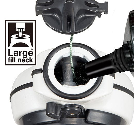 Close-up of a large fill neck on a gas canister with a nozzle inserted, illustrating the ease of pouring. An icon beside it reads "Large fill neck". Next to it, the Tajima Chalk-Rite Gear Drive II from TAJ adds precision to your tasks.