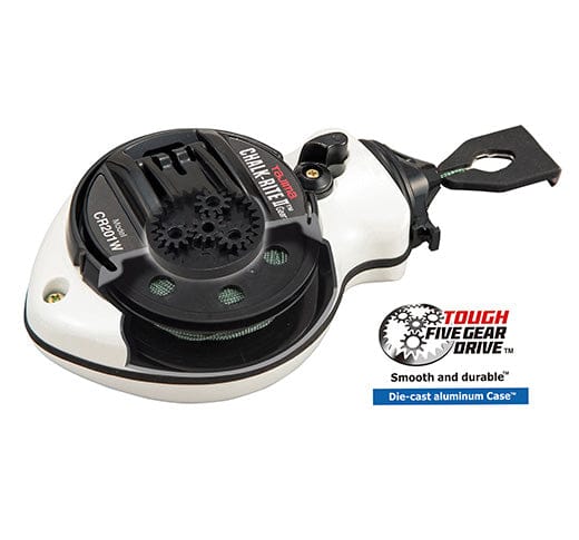 Close-up of a TAJ Tajima Chalk-Rite Gear Drive II featuring a premium black and white chalk line, robust five-gear drive mechanism, and sturdy die-cast aluminum case. Tagline: "Smooth and durable.