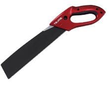 The Magnum 300 by TAJ is a hand saw with a red handle and an aggressive pull-to-cut black serrated blade featuring triple-edge cutting teeth.
