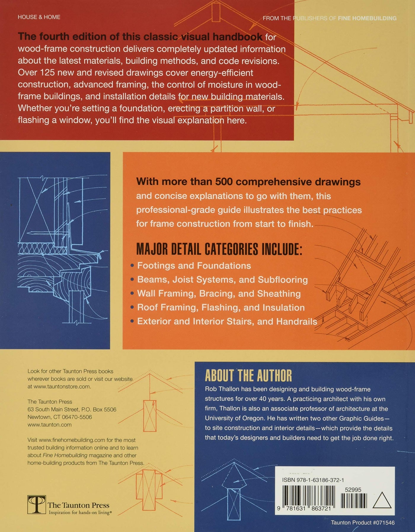 The back cover of "Graphic Guide to Frame Construction" by Taunton Press features comprehensive coverage and detailed drawings, exploring various content categories. Learn about the author or contact the publisher for more information.