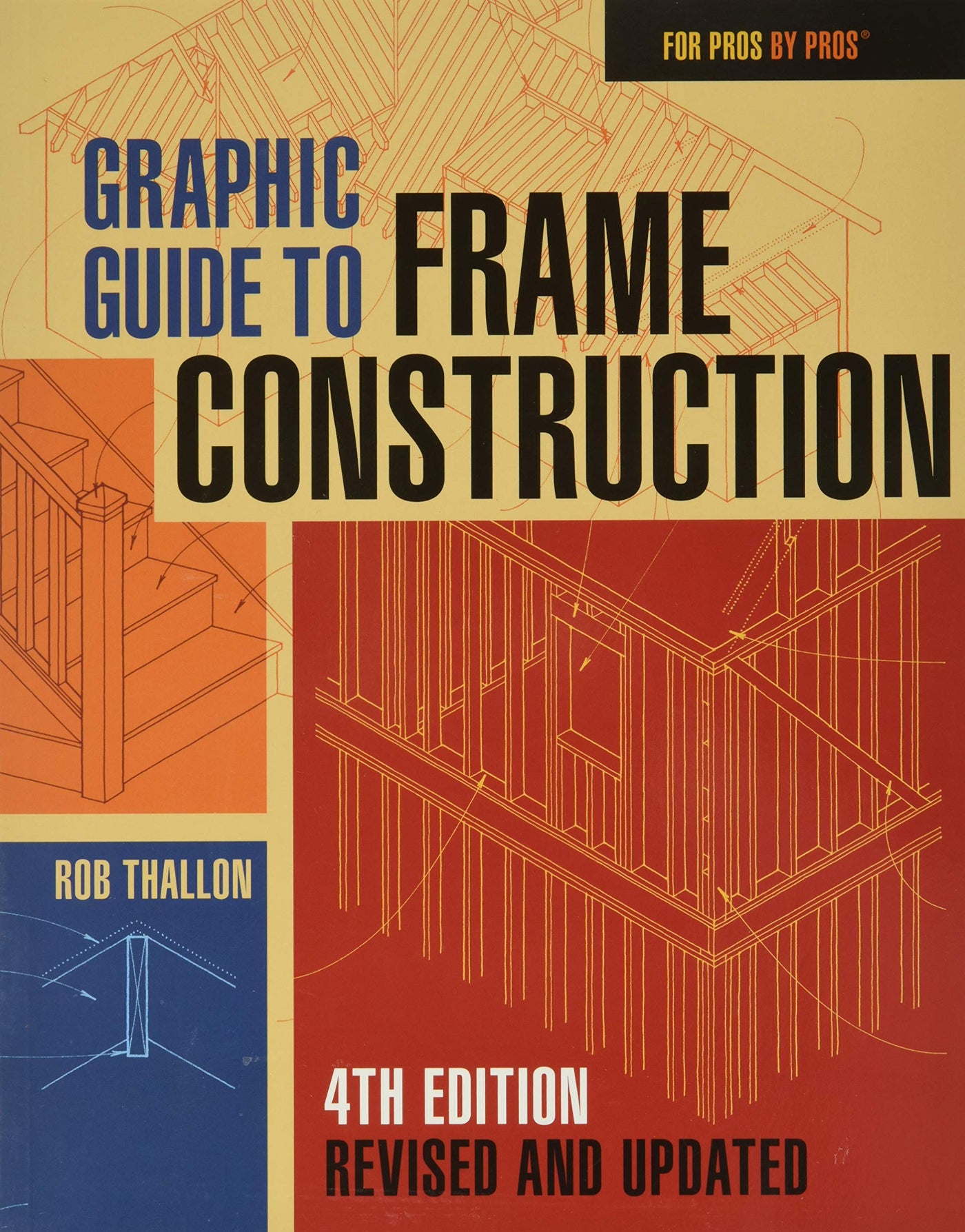 Taunton Press presents the cover of "Graphic Guide to Frame Construction," 4th Edition by Rob Thallon, showcasing detailed drawings of building frames and bold text, offering a comprehensive look at framing construction.
