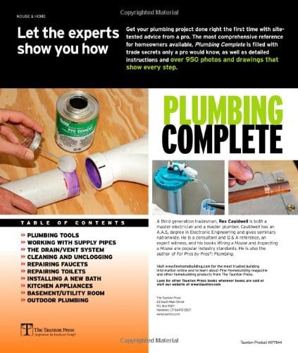 Cover of "Plumbing Complete: Expert Advice from Start to Finish" by Taunton Press, featuring a home plumbing photo and table of contents with topics like supply pipes, unclogging, and fixtures.