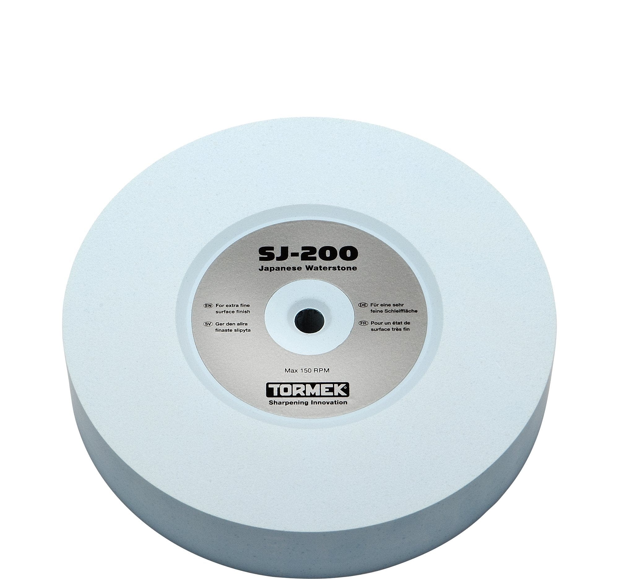 The TOR Japanese Water Stone Small (SJ-200) is perfect for sharpening hand tools and features a circular design with a white rim and a central label indicating specifications, including "Max 150 RPM" and its fine 4000 grit finish.