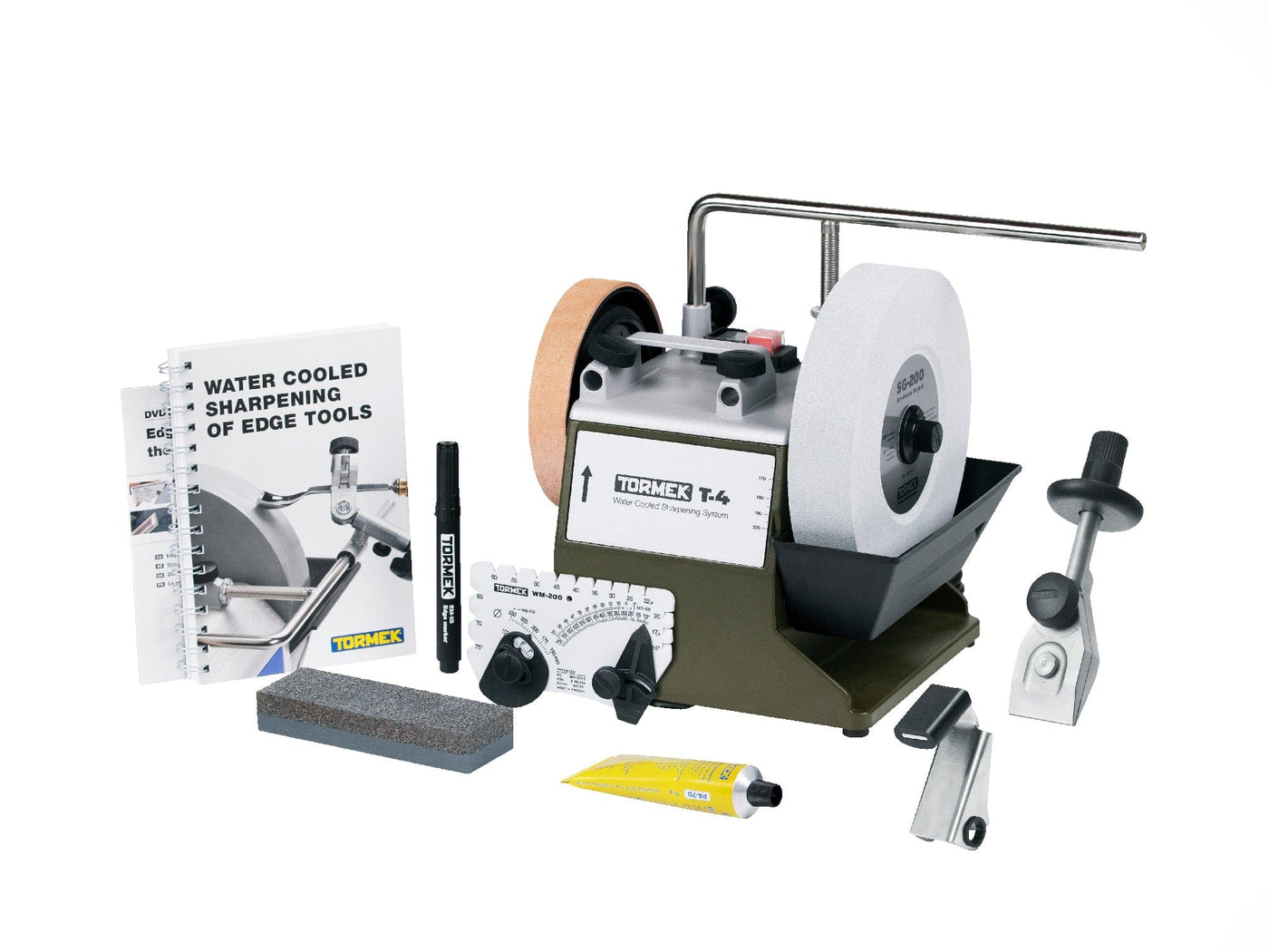 The TOR Tormek T-4 sharpening system comes with a grinding wheel, honing wheel, universal support, instruction booklet, angle guide, honing compound, and essential accessories—all set against a pristine white background.