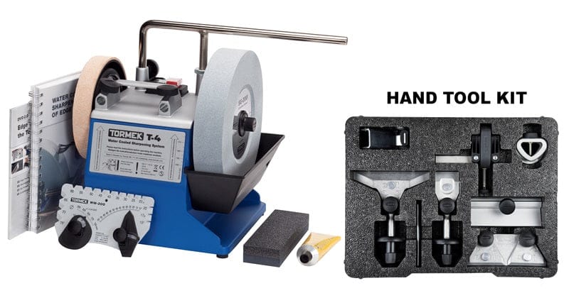 The TOR Tormek T-4 sharpening machine includes Universal Support, grinding wheels, a hand tool kit, an angle guide, and a water trough among its essential accessories.