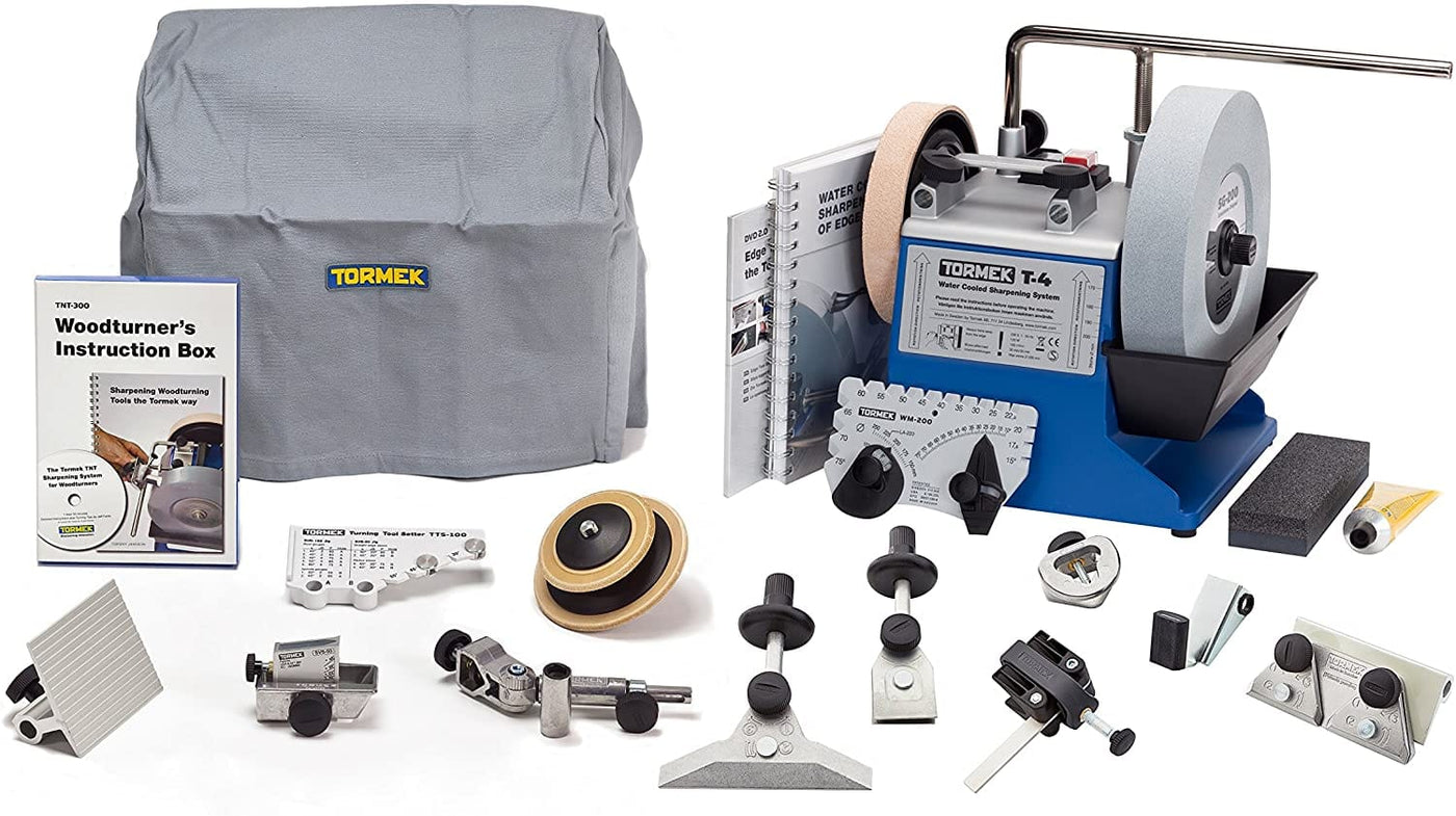 The TOR Tormek T-4 sharpening system, featuring attachments and a dust cover, is displayed next to a Woodturner's Instruction Box. The Universal Support boosts precision for dedicated craftsmen.