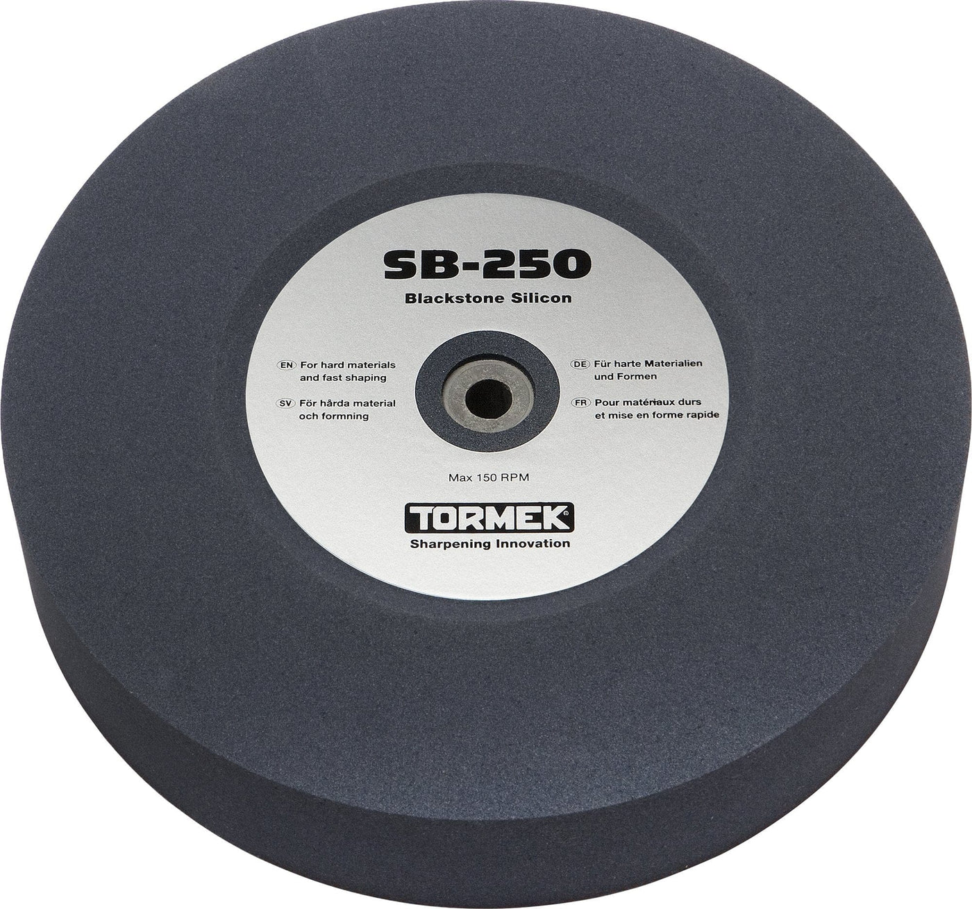 The TOR Tormek Blackstone Silicon sharpening wheel is circular and gray, perfect for HSS sharpening and tungsten carbide touch-up at up to 150 RPM, with specifications in several languages.