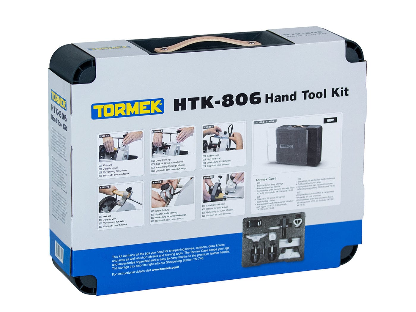 The TOR Tormek Hand Tool Kit comes in a sturdy case with product images, instructional photos, and a contents diagram on the packaging—offering a complete sharpening solution for all your hand tools.