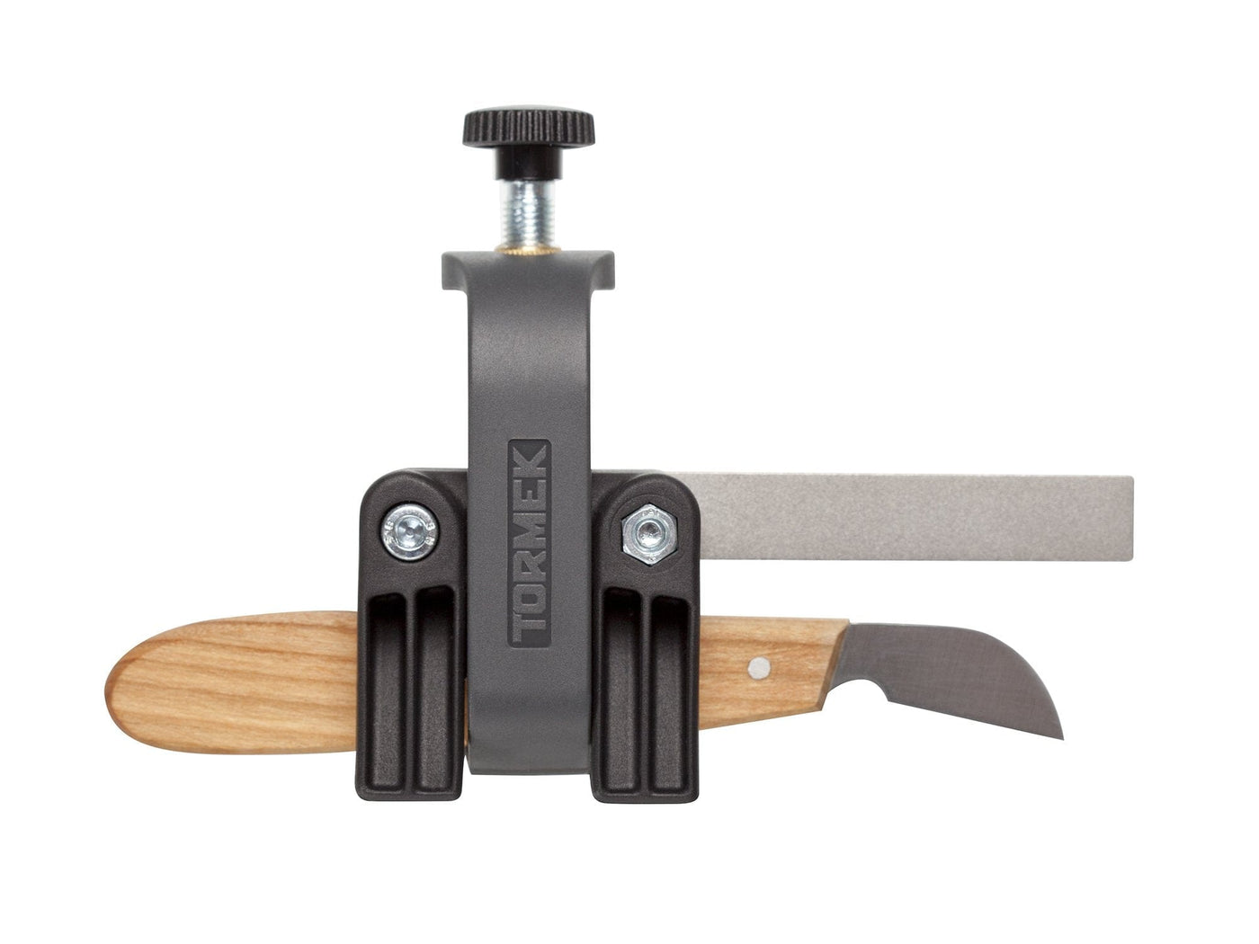 The TOR Tormek Small Knife Holder is ideal for those needing precise sharpening of small knife blades, securely holding a wood-handled knife with an adjustable screw on top, and featuring an adjacent sharpening stone.